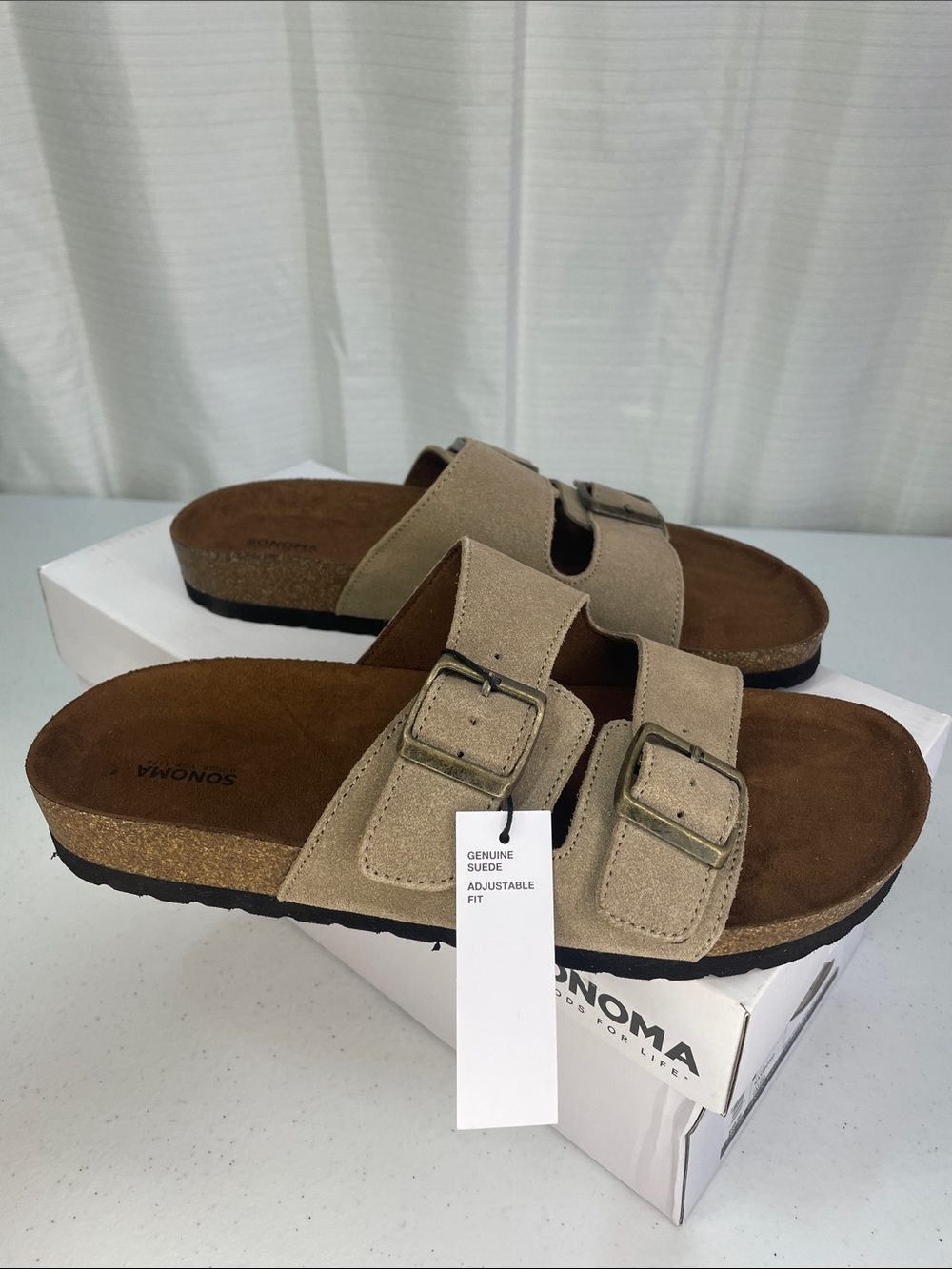 Sonoma Beige Suede Double-Buckle Slide Sandals